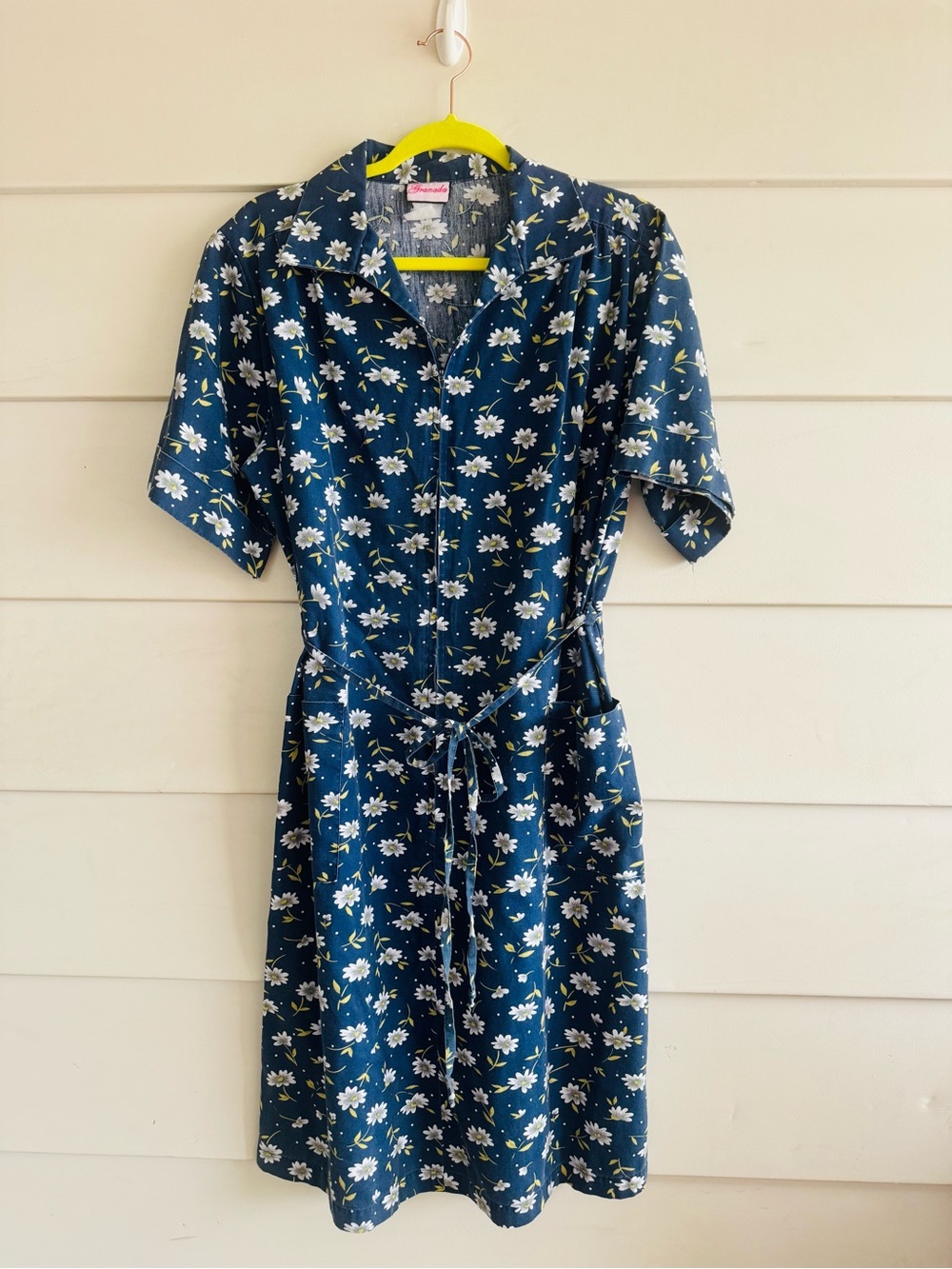 Vintage Granada Navy Blue Floral Button-Up Dress L